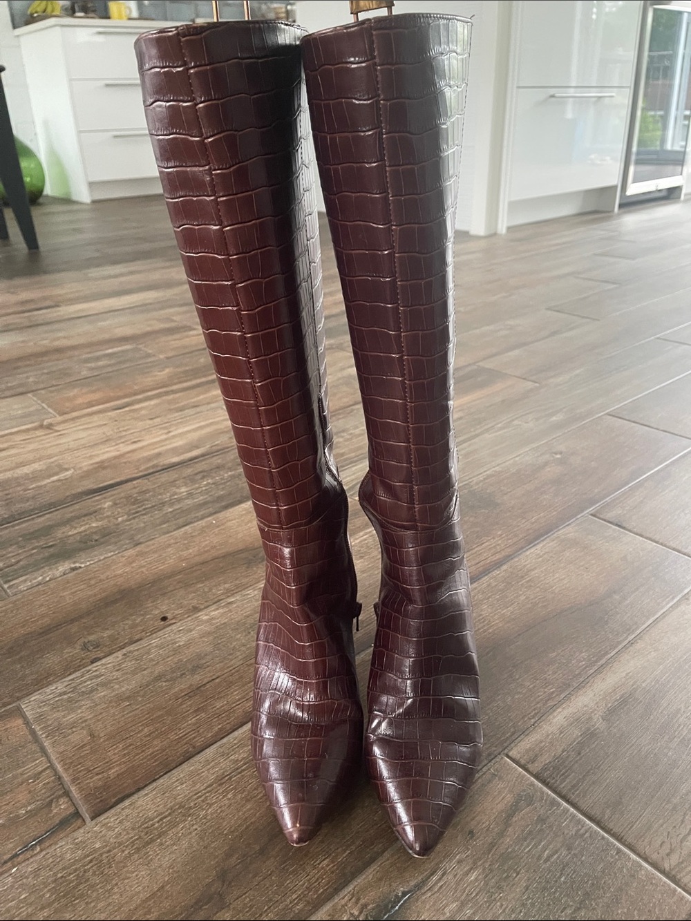 AQUA | Elegant Brown Croc-Embossed Knee-High Leather Designer Boots